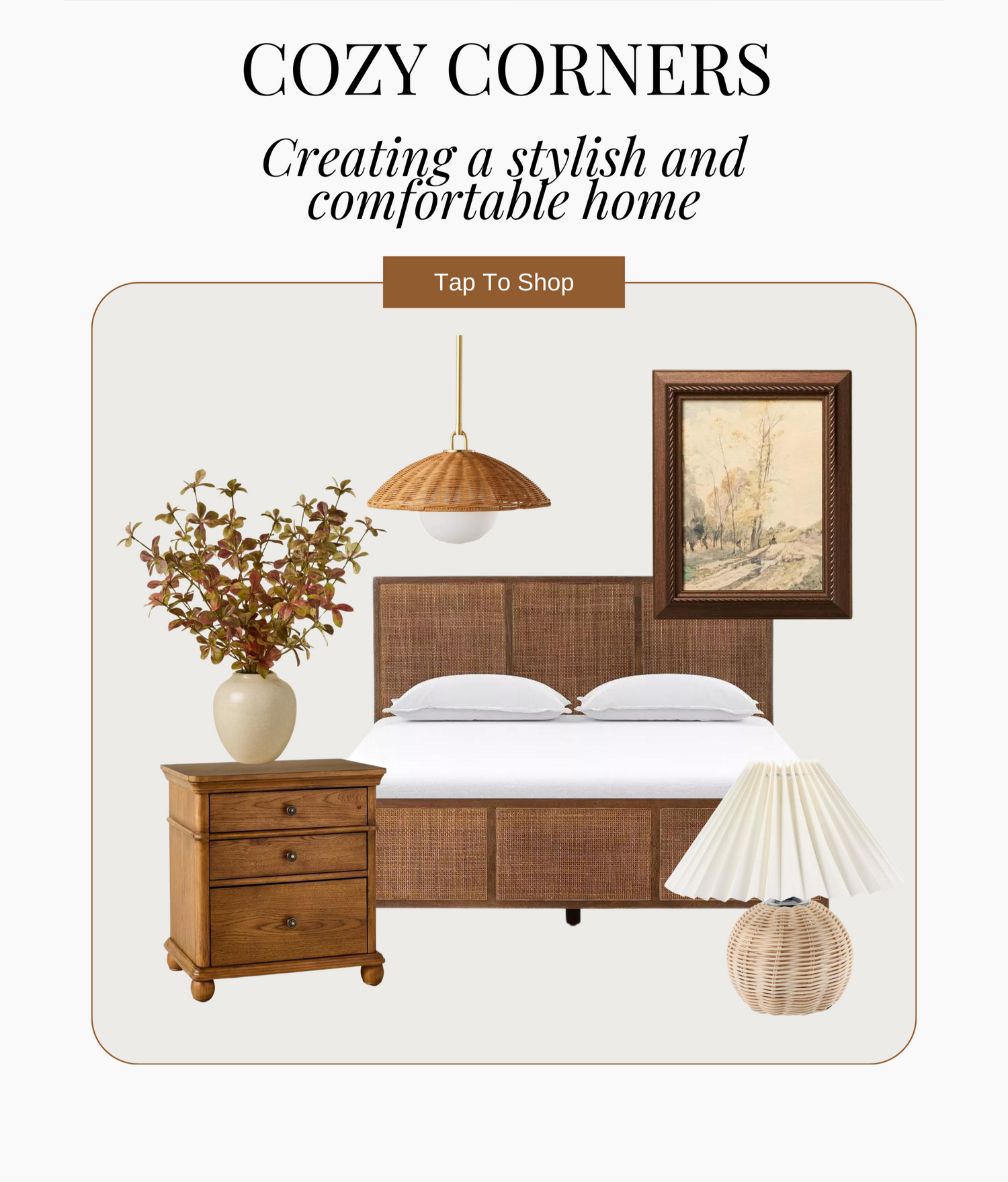 Bedroom interior with wooden furniture, lamp, and decor elements on a white background.