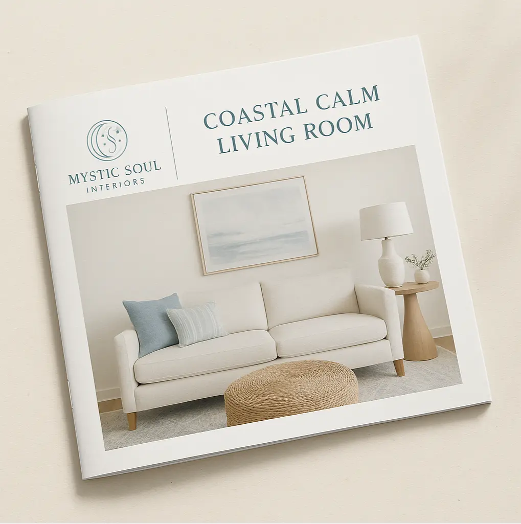 Product packaging for 'Coastal Calm Living Room' by Mystic Soul Interiors with a living room scene on the cover.