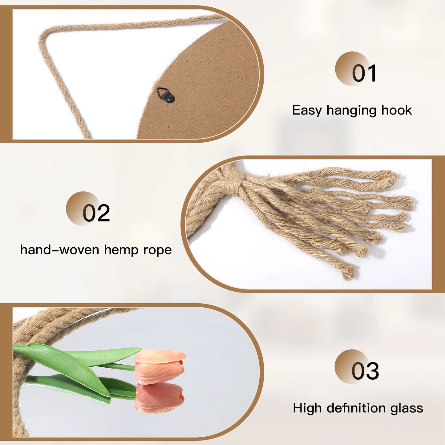Product features including an easy hanging hook, hand-woven hemp rope, and high-definition glass.