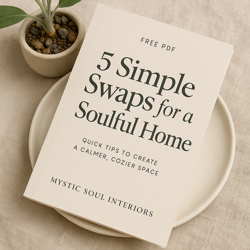 Mockup of free soulful home guide PDF “5 Simple Swaps for a Soulful Home” by Mystic Soul Interiors.