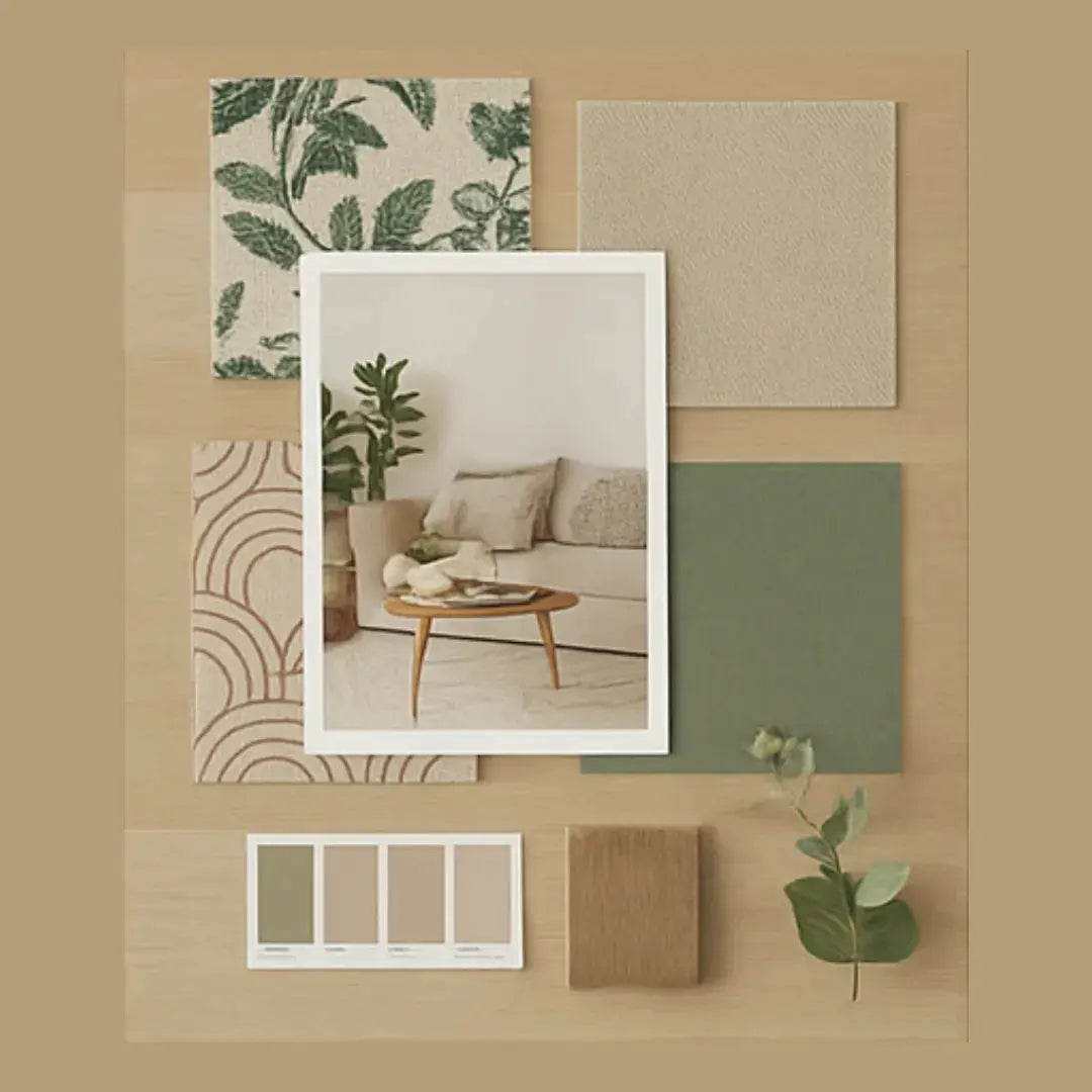 Color swatches and a photo of a living room with neutral