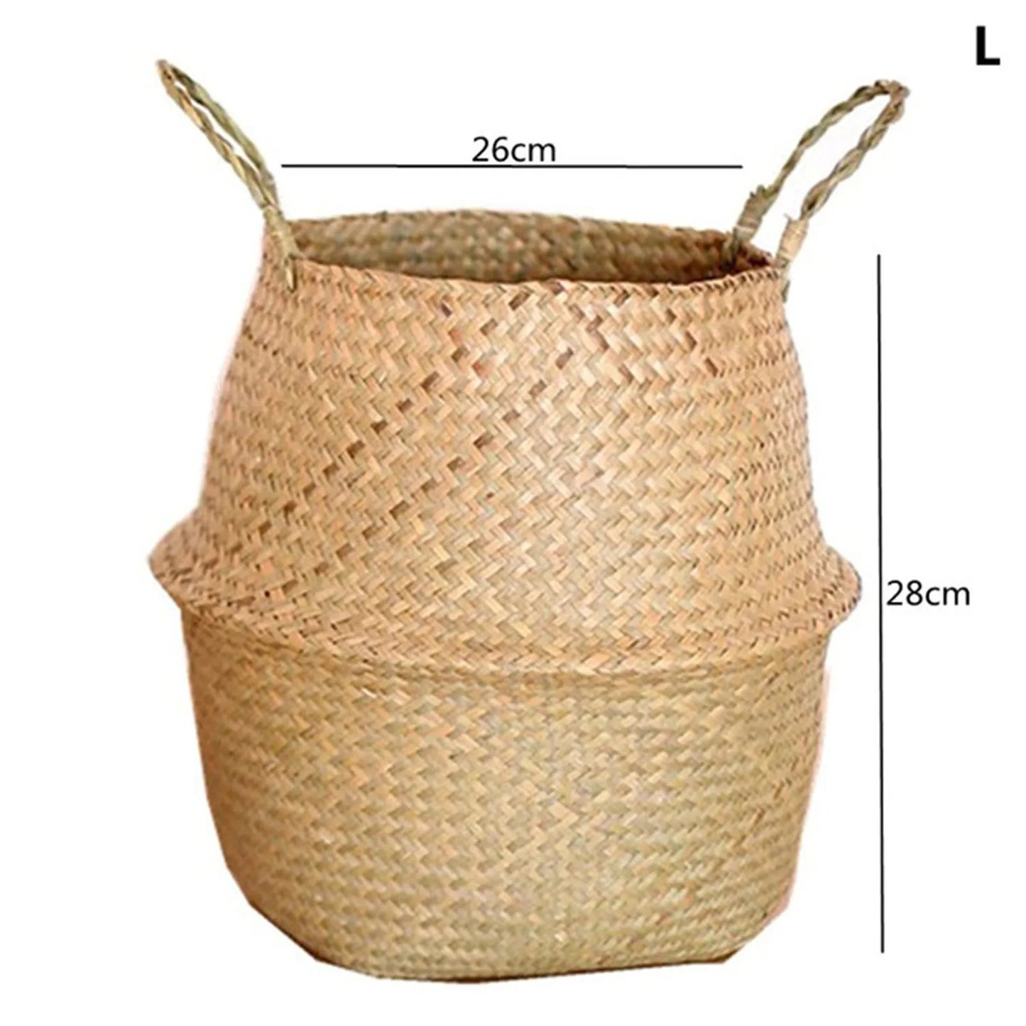 Woven basket with handles and dimensions on a white background