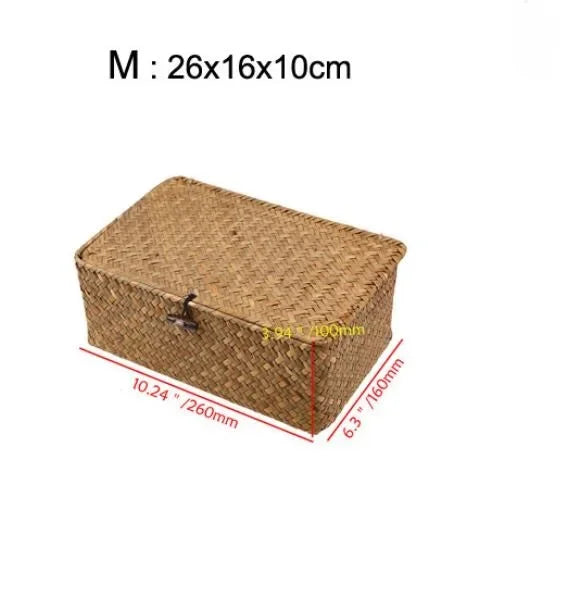 Woven storage box with dimensions labeled on a white background