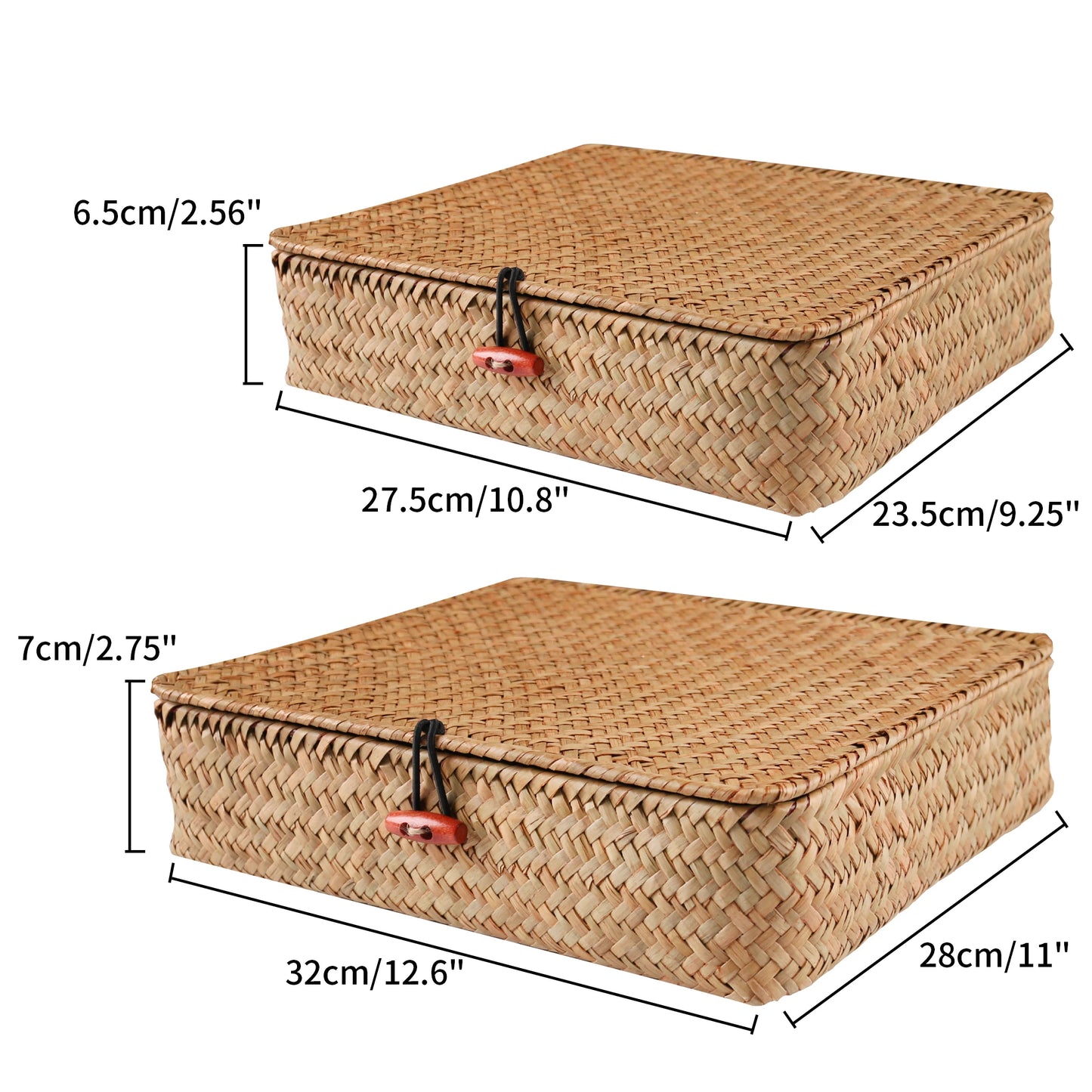 Woven storage box with dimensions indicated on a white background