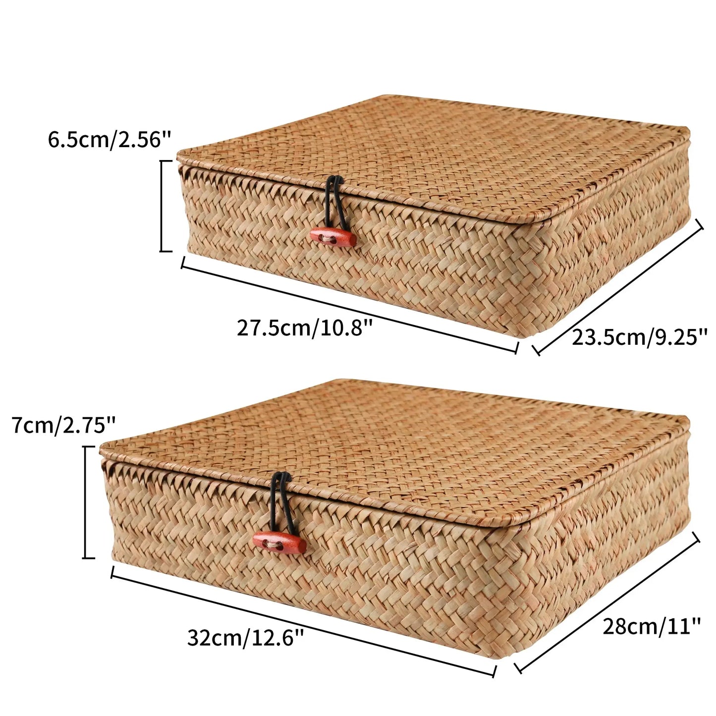 Woven storage box with dimensions indicated on a white