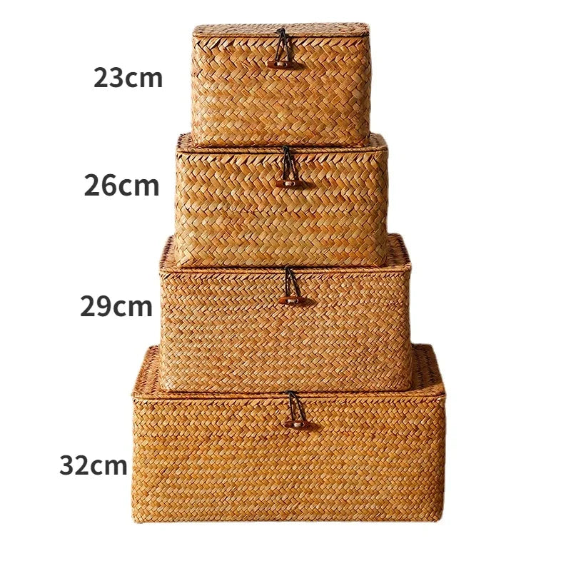 Set of four woven storage boxes with dimensions labeled on a white background