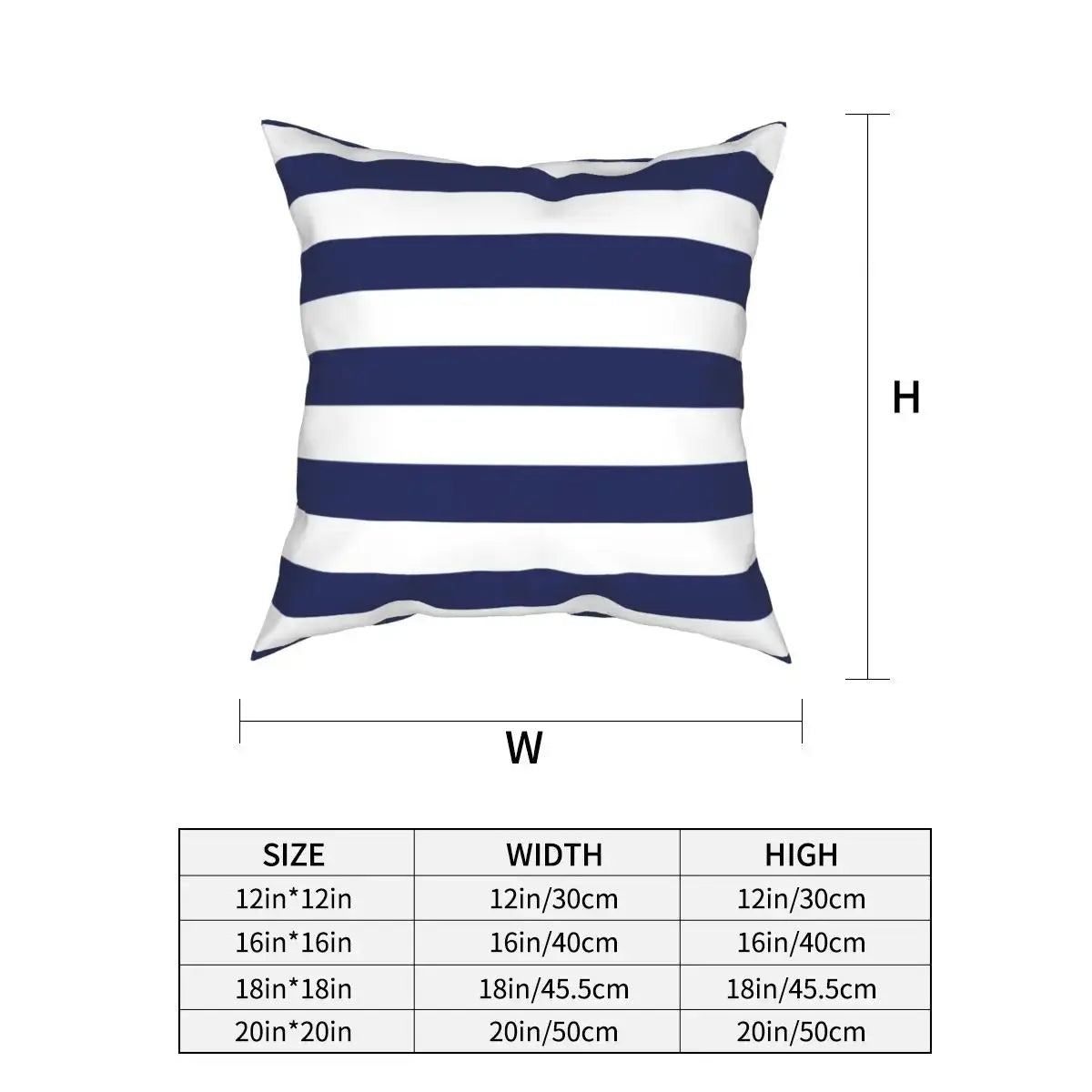 Navy and white striped pillow with dimensions