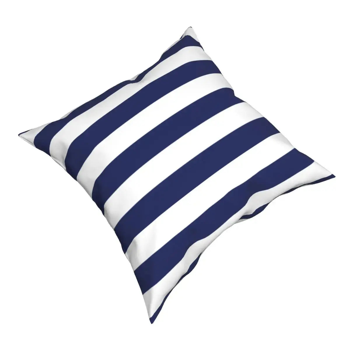 Navy and white striped pillow on a white background
