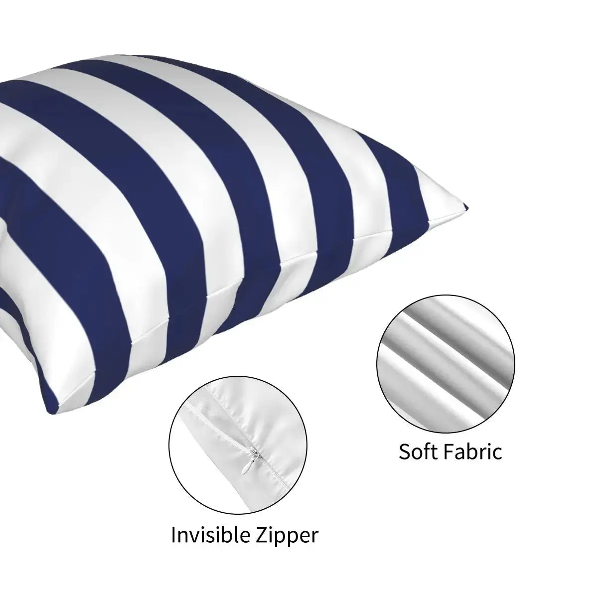 Navy and white striped pillow with close-up insets