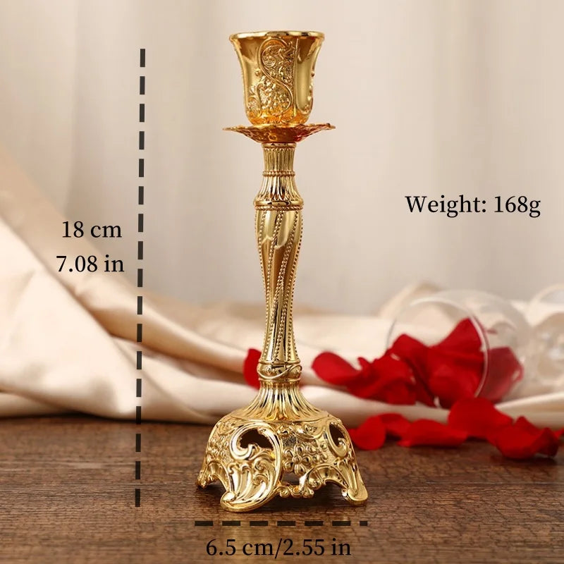 Gold candle holder with measurements and weight on a wooden surface