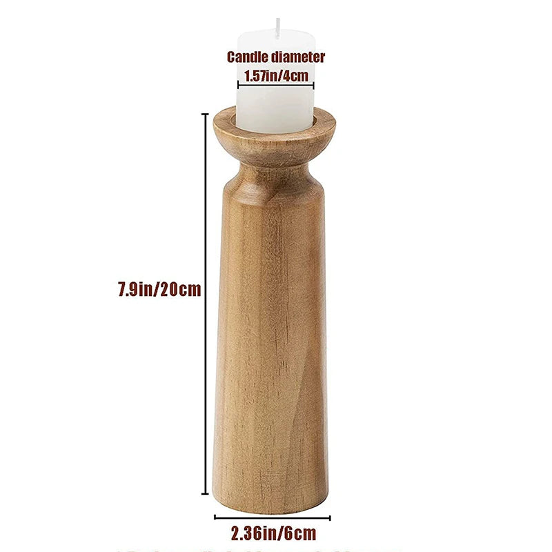 Wooden candle holder with a candle on a white background, showing measurements.