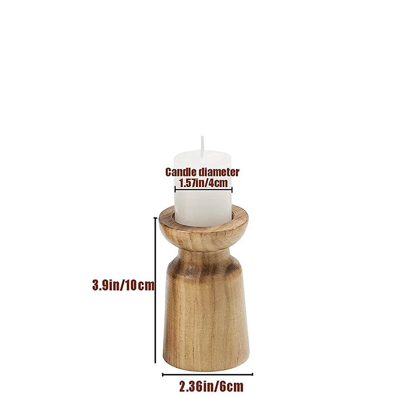 White candle in a wooden holder with measurements on a white background