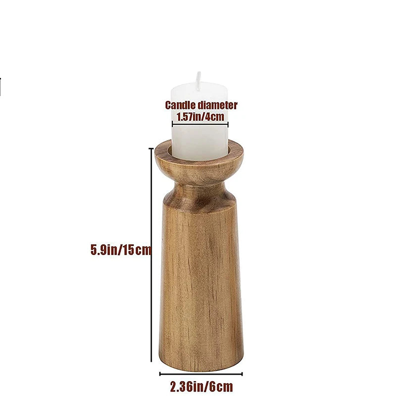 Wooden candle holder with a white candle inside, showing measurements on a white background.