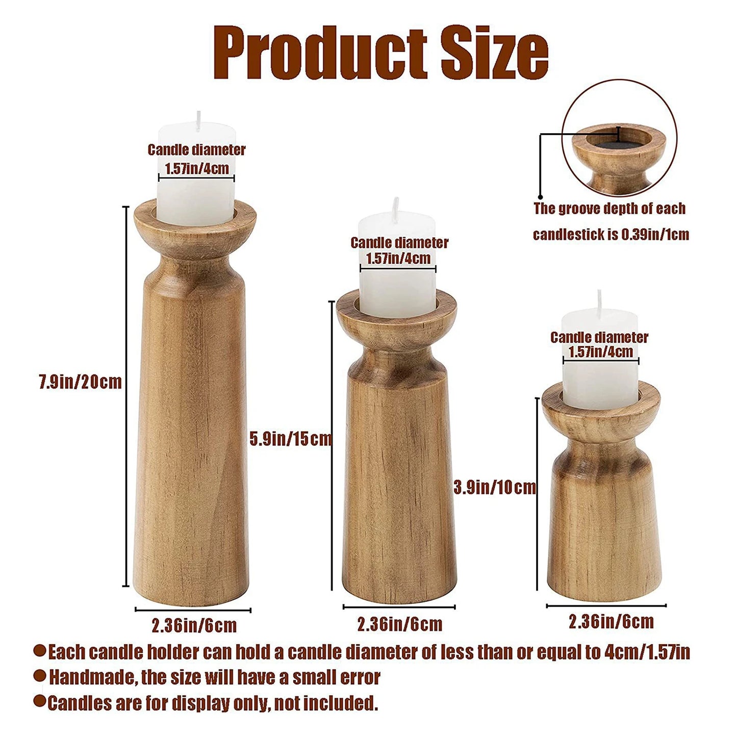 Wooden candle holders with measurements on a white background