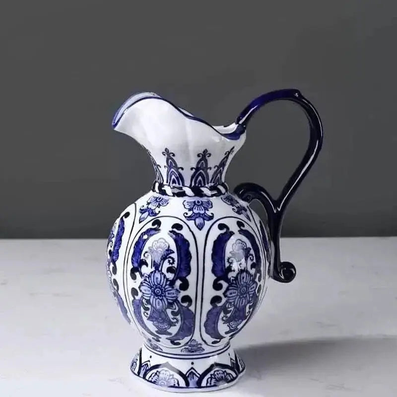 Ceramic pitcher with blue and white floral patterns