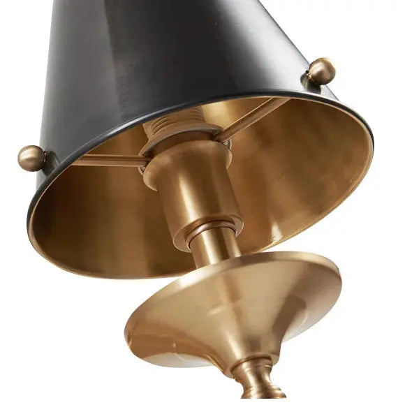 Close-up of a brass and black lamp fixture