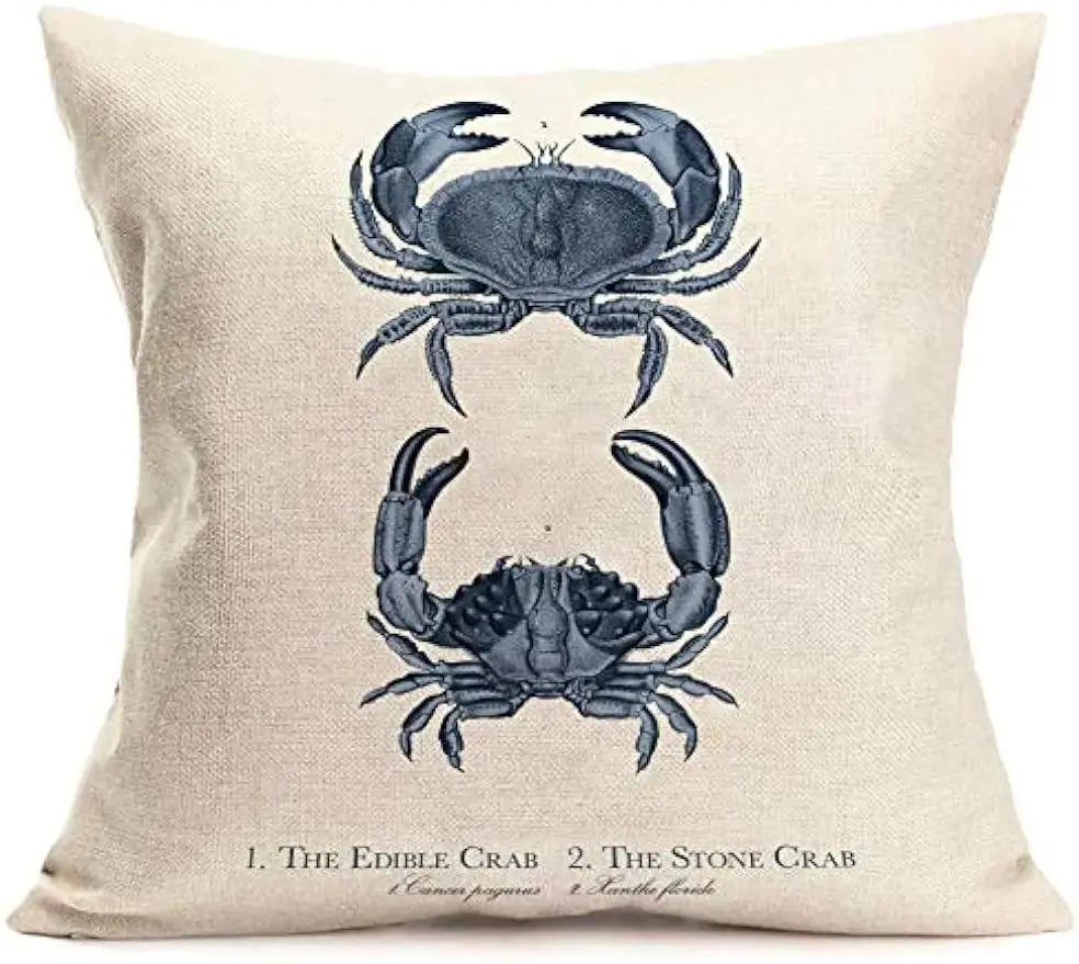 Decorative pillow with blue crab design on a beige