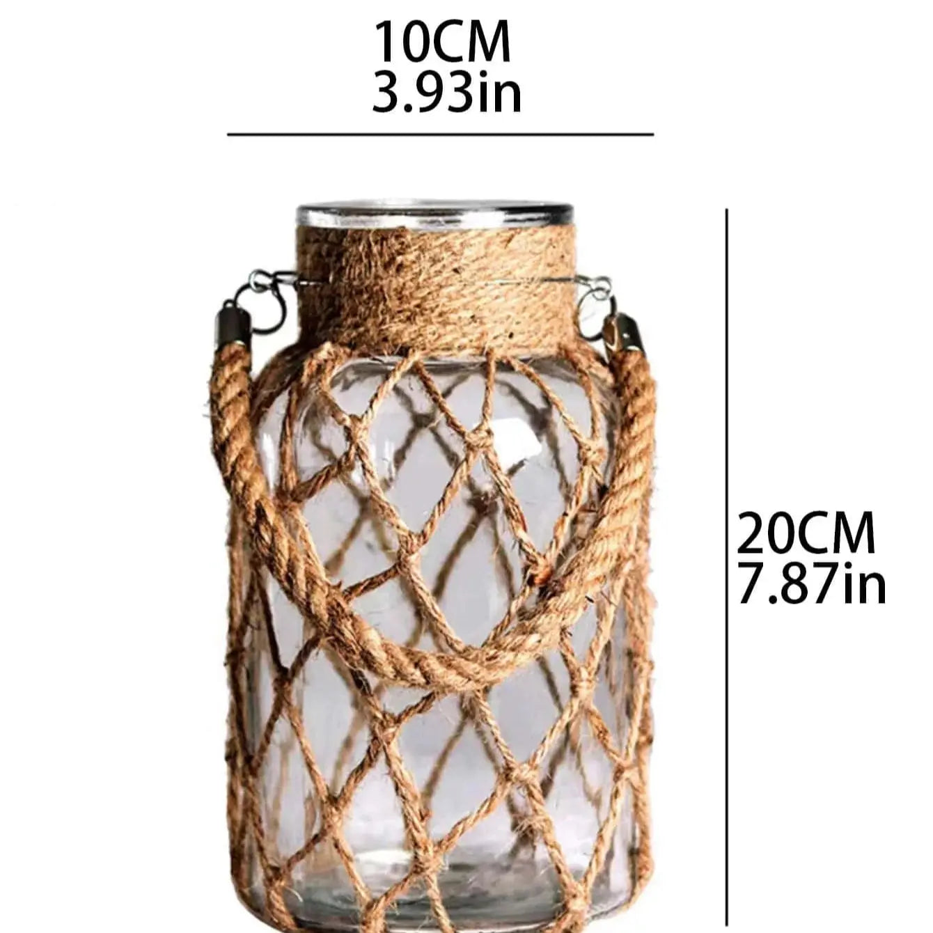 Glass lantern with rope netting design and measurements