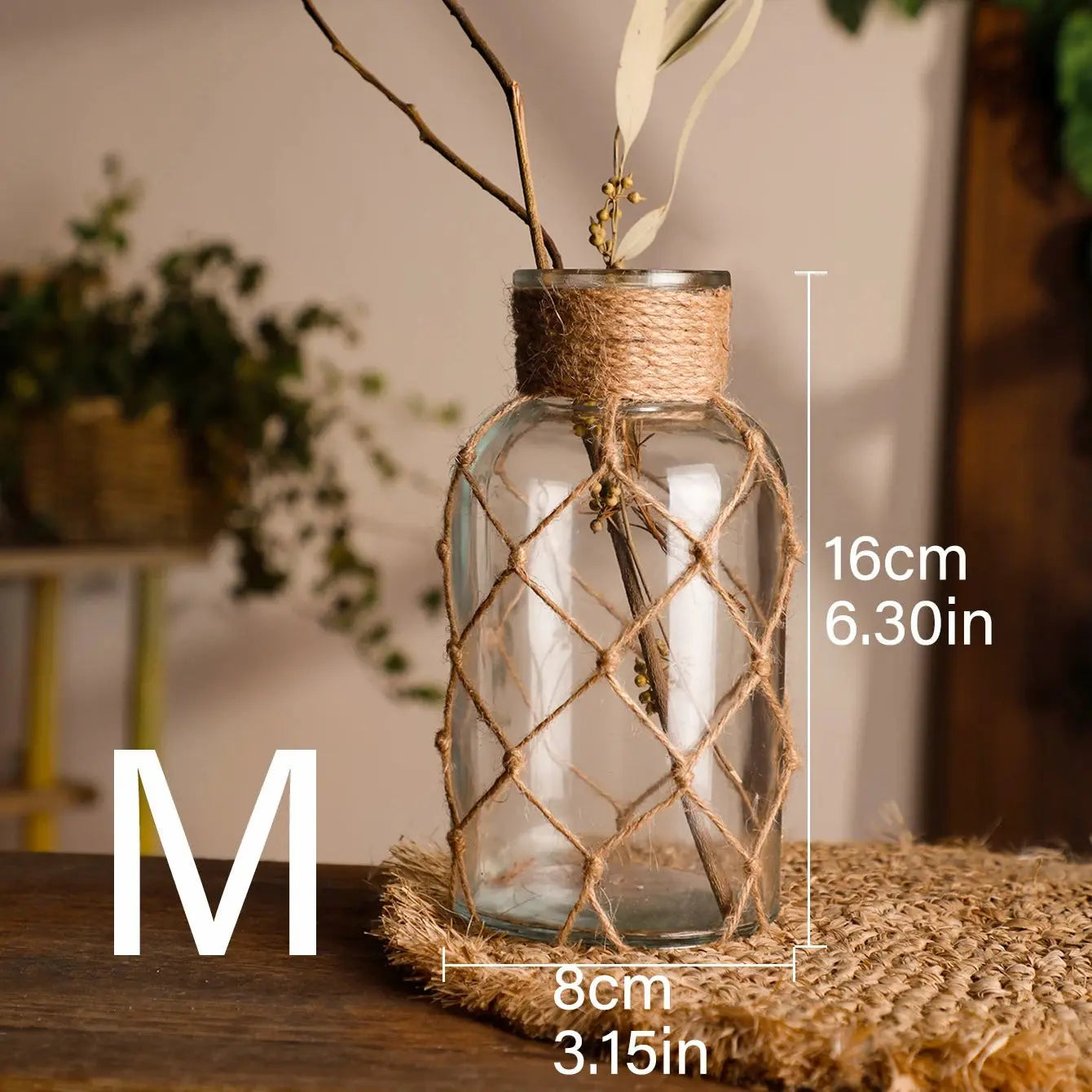 Glass vase with jute wrap and measurements