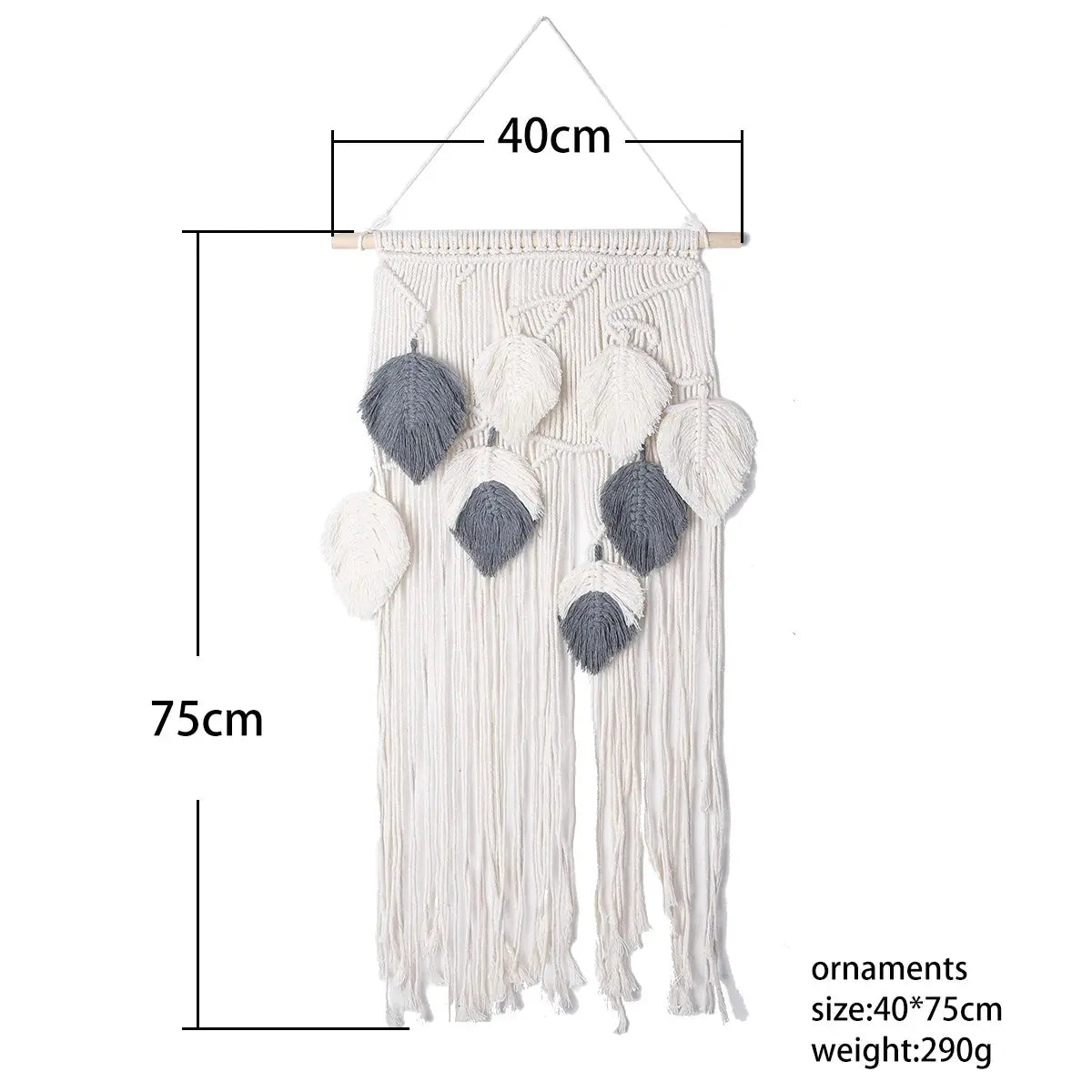 Macrame wall hanging with measurements on a white background