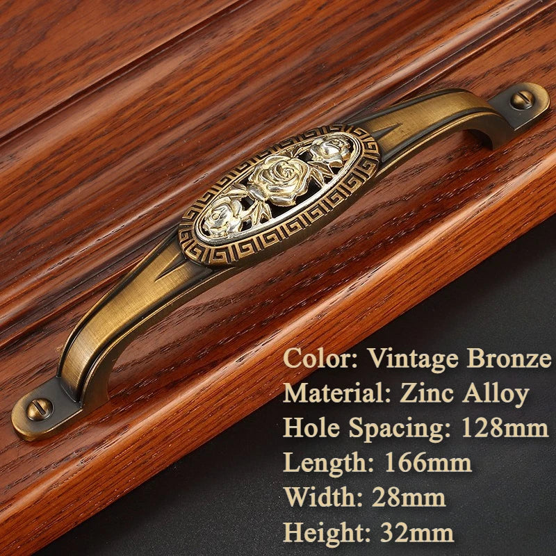 Decorative brass handle on a wooden surface with product details.