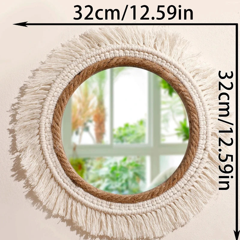 Round mirror with macrame frame and dimensions on a beige background