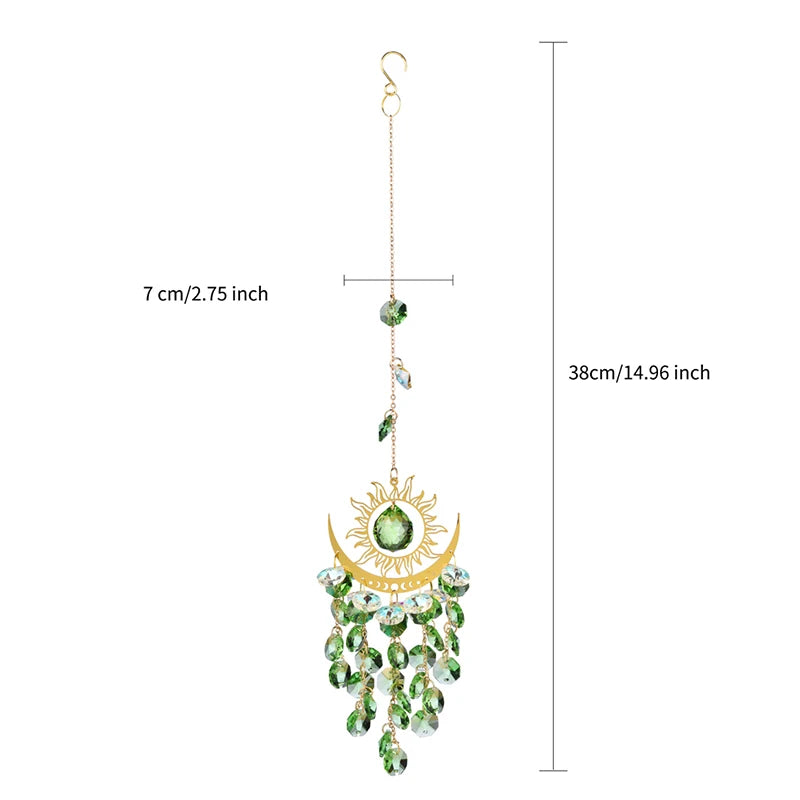 Decorative hanging ornament with green gemstones and gold accents, shown with measurements on a white background.