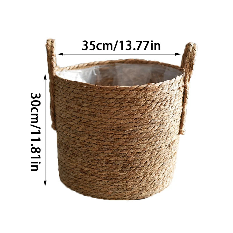 Woven basket with dimensions labeled on a white background