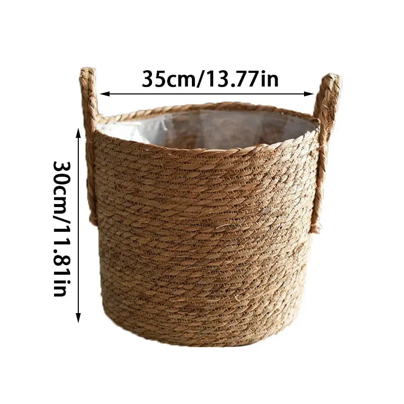Two potted plants in woven baskets on a wooden floor
