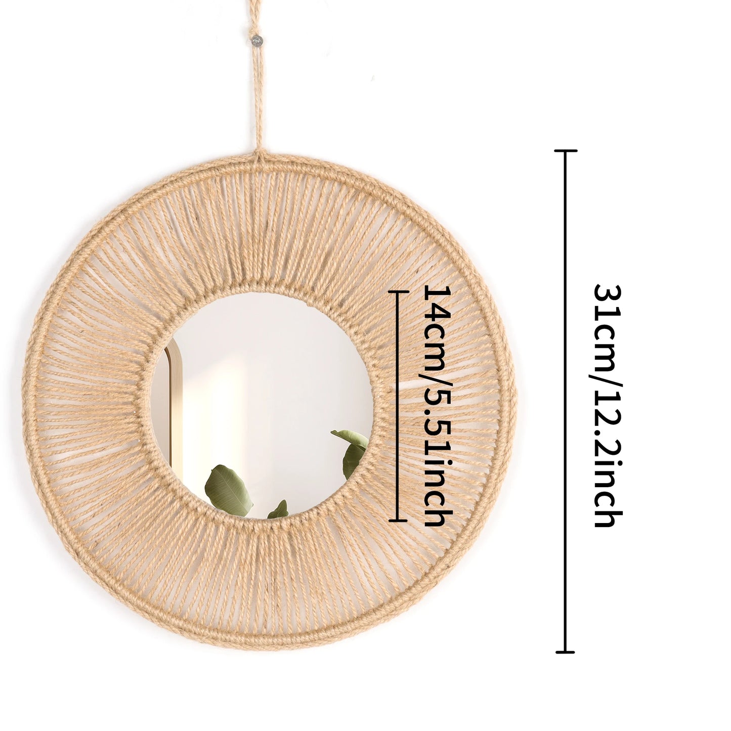 Round woven mirror with dimensions on a white background