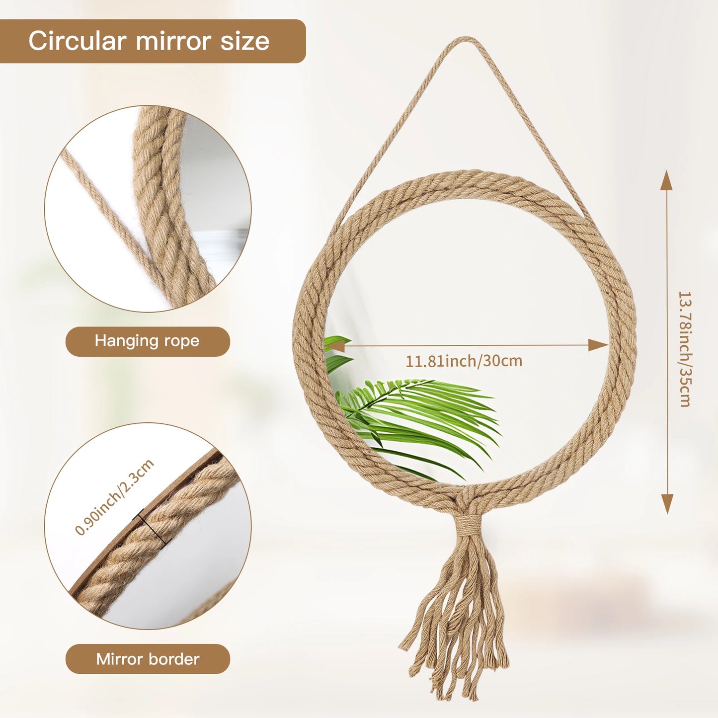 Circular mirror with hanging rope and measurements on a light background