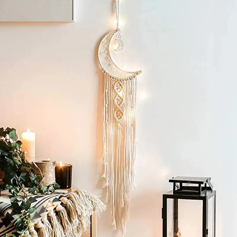 Macrame wall hanging with a moon design in a cozy room