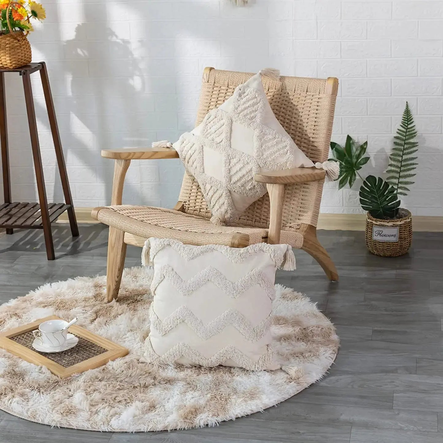 Wicker chair with textured pillows on a fluffy rug in a room