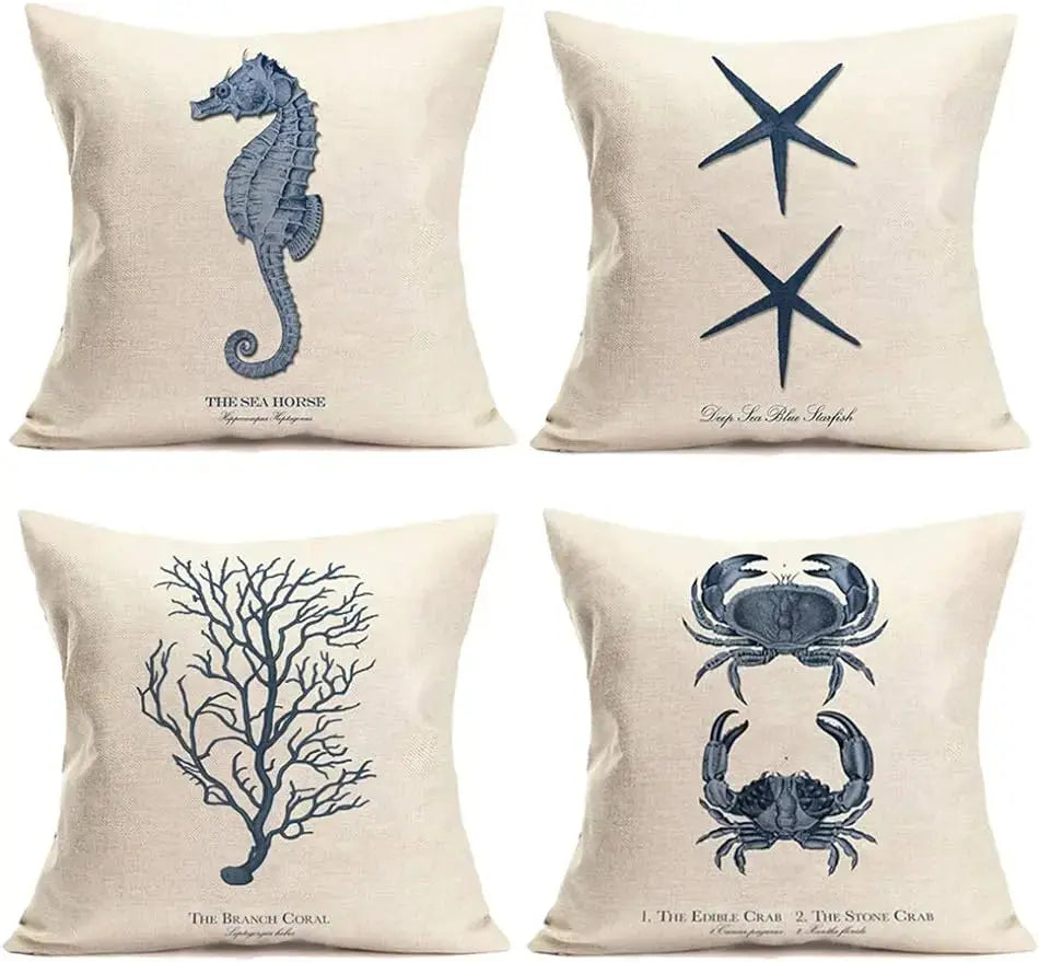 Set of four decorative pillows with blue sea-themed