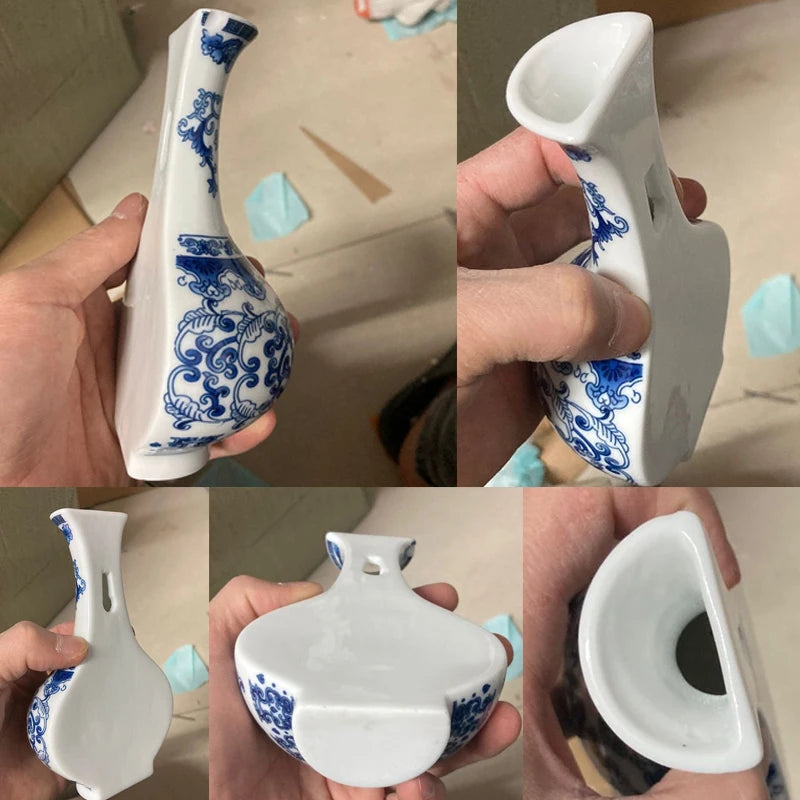Collage of a white ceramic vase with blue patterns held by a hand.