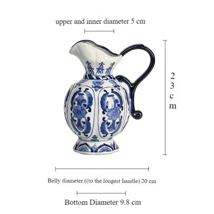 Ceramic pitcher with blue and white design and measurements