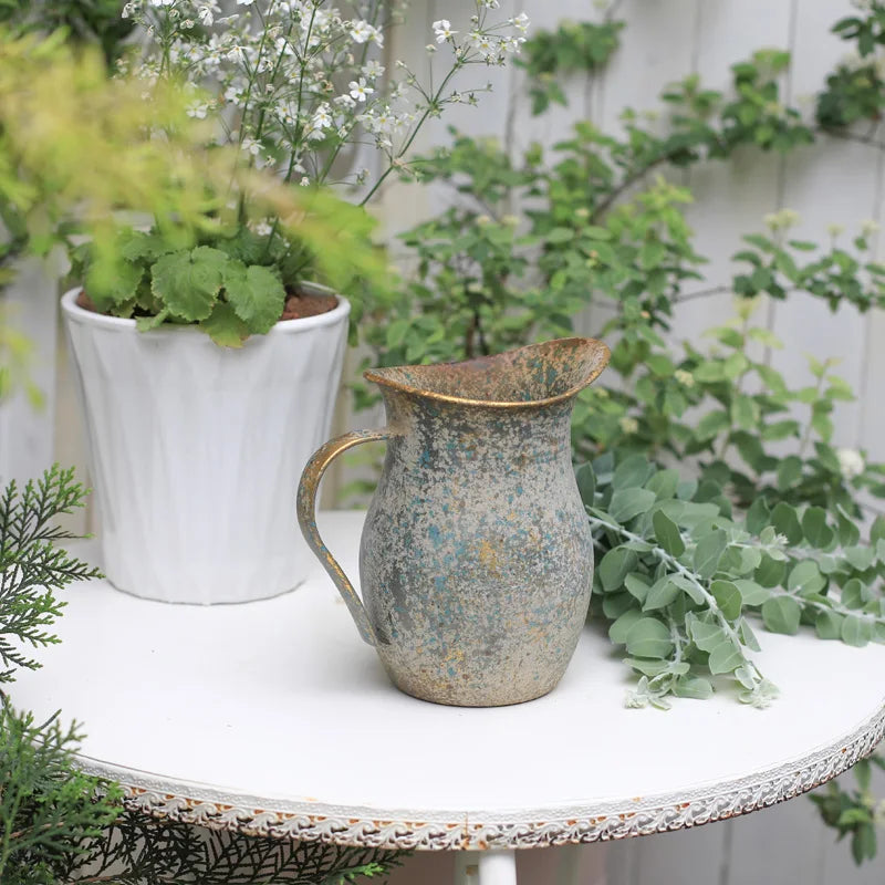 Rustic pitcher on a table with plants in the background