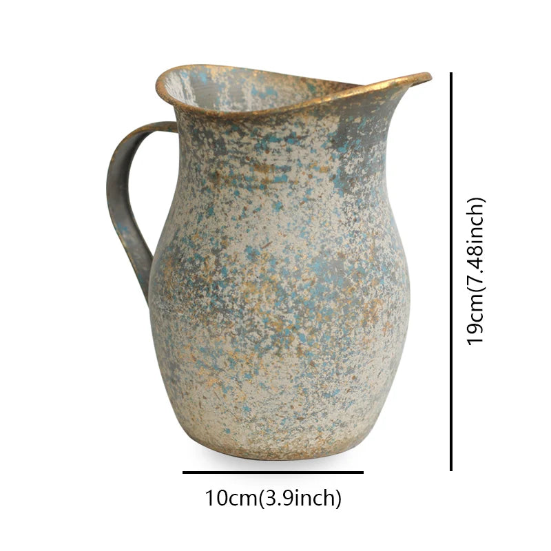 Vintage-style ceramic pitcher with measurement details on a white background