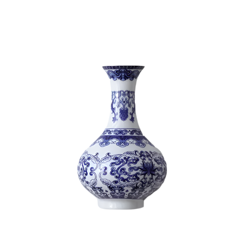 Blue and white ceramic vase with floral patterns and dimensions on a light gray background