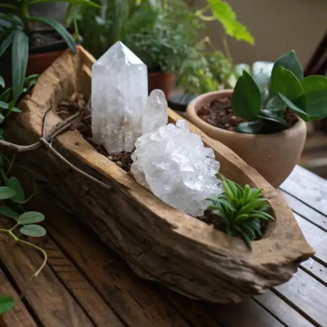 Crystals and plants in wooden containers on wood table