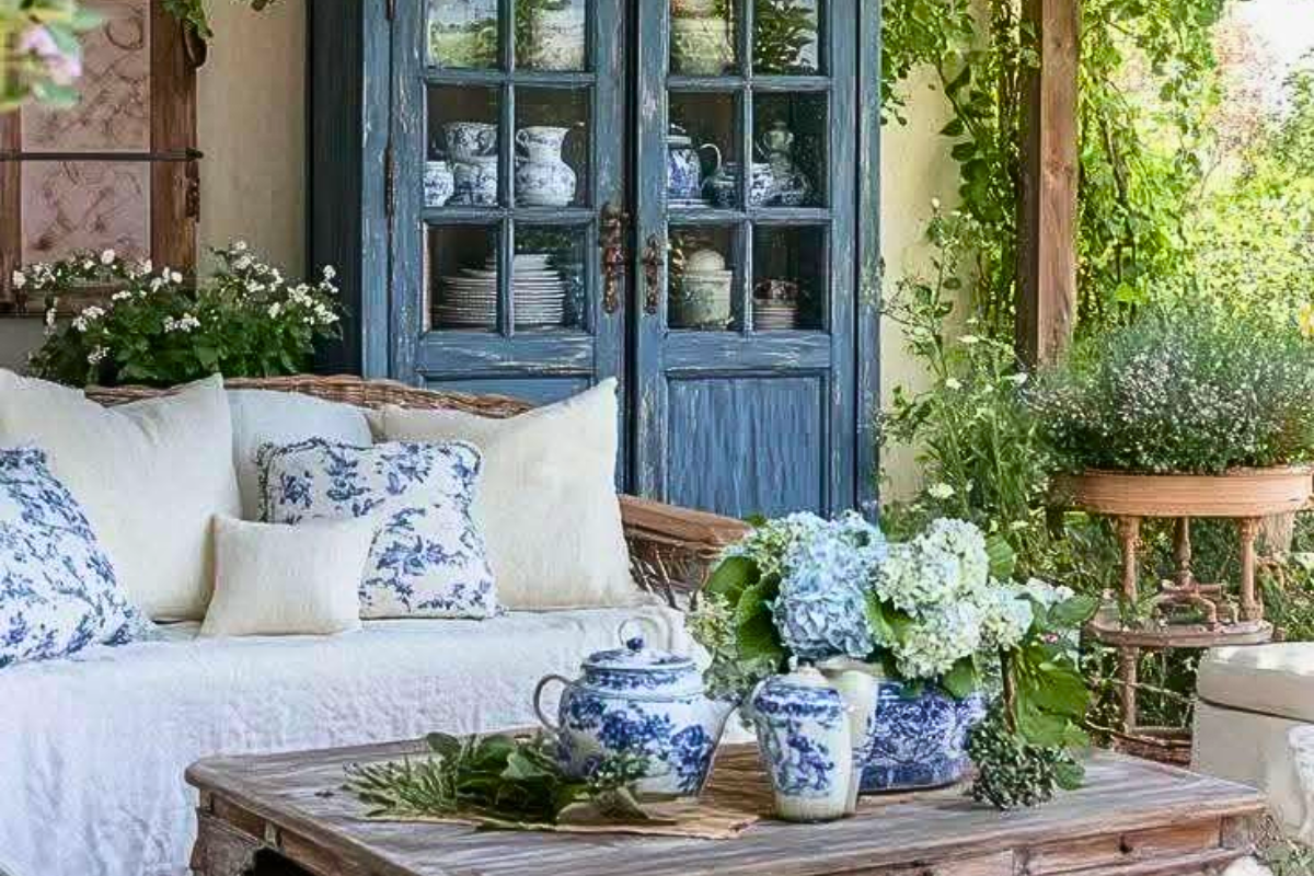Outdoor setting with a blue cabinet, white sofa with patterned cushions, and a wooden table with floral arrangements.