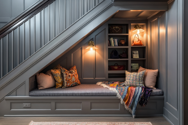 Cozy nook under a staircase with cushions, pillows, and a small bookshelf.