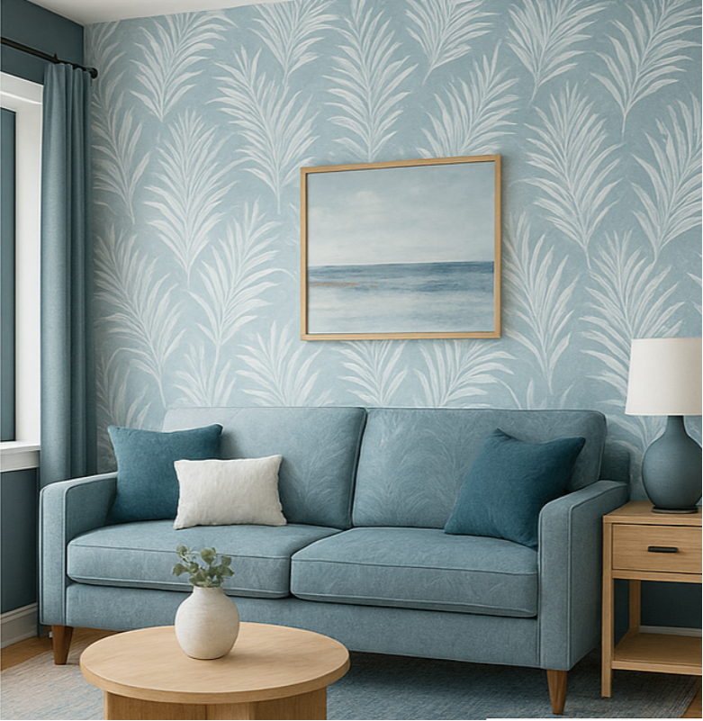 Living room with blue sofa, matching cushions, and a framed artwork on the wall.