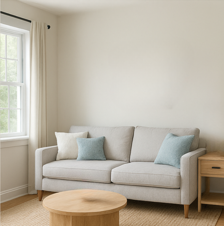 Light gray sofa with blue and white cushions in a room with a window and wooden coffee table.