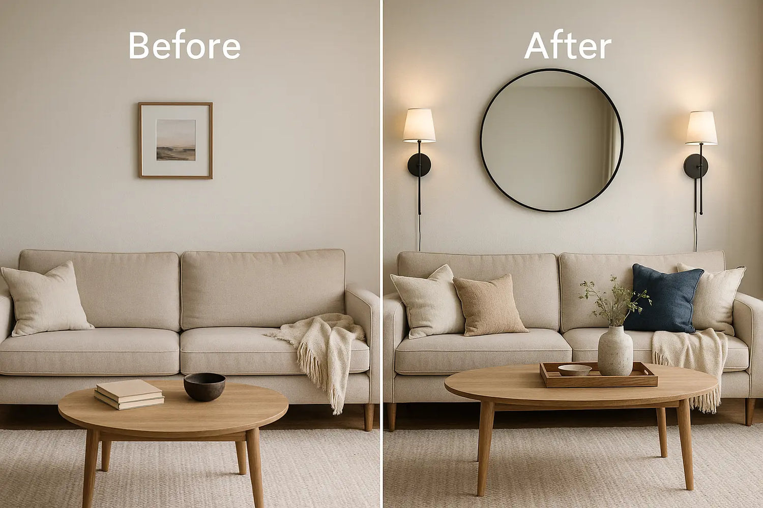 Before and after comparison of a living room setup with a beige sofa, wooden coffee table, and decorative items.