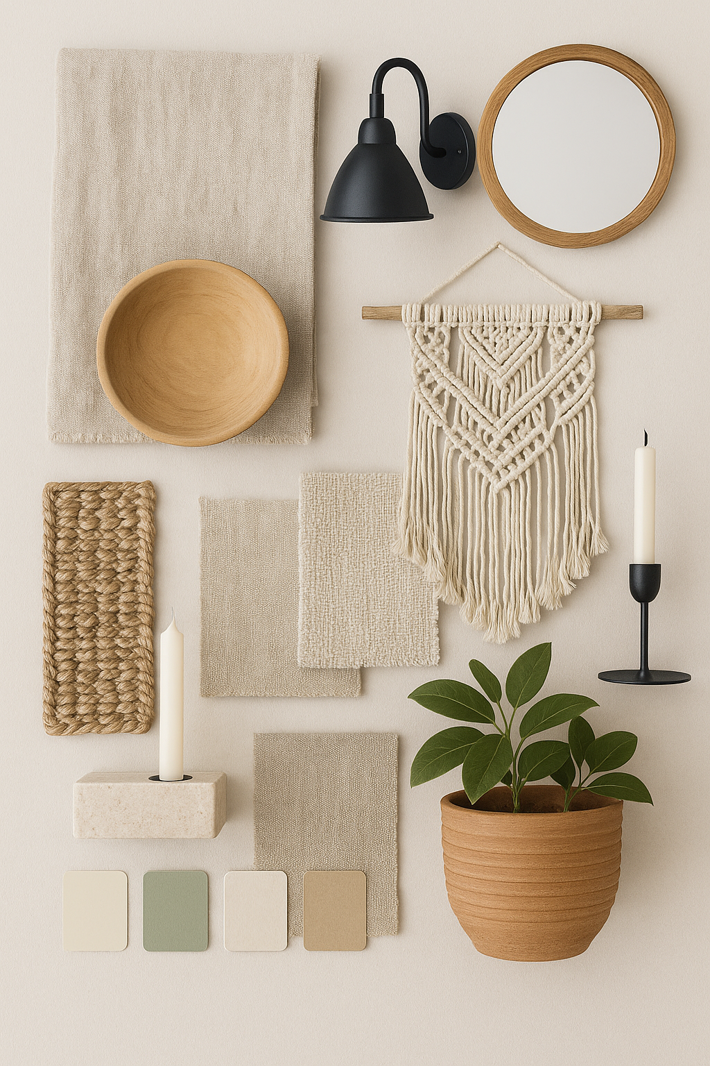 Wall decor with a plant, candles, and wall art in neutral tones.