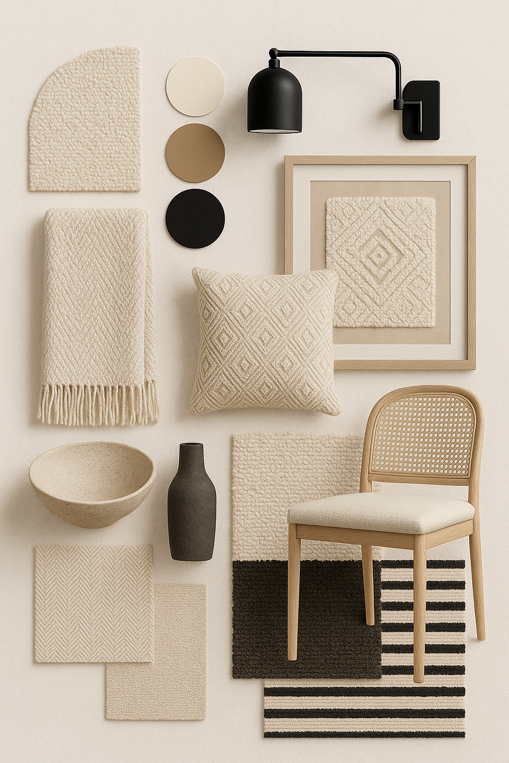 Scandinavian-style interior decor with neutral tones, including a chair, pillows, and wall sconce.
