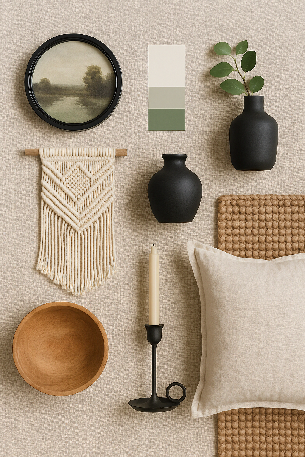 Decorative wall setup with vases, candle, bowl, and pillow on a beige wall.