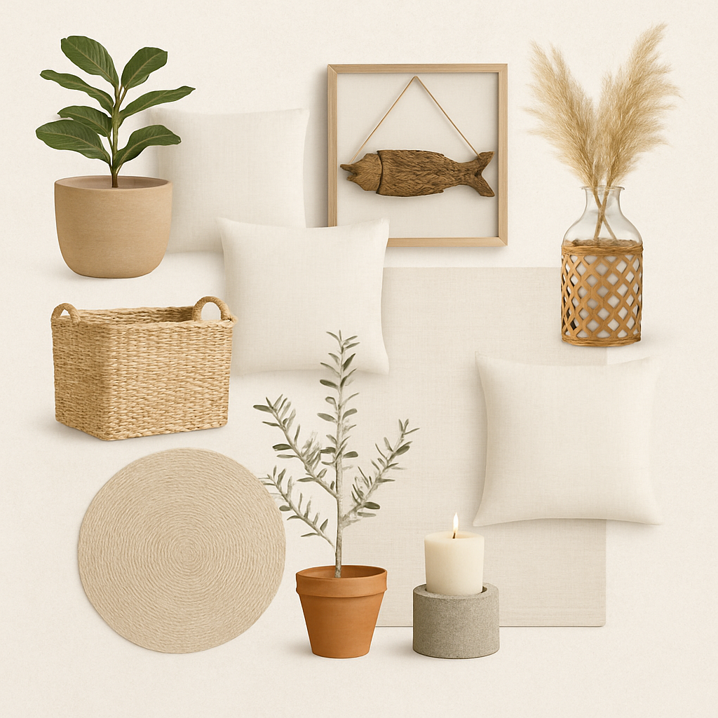 Decorative elements including plants, a basket, a candle, and wall art on a light background