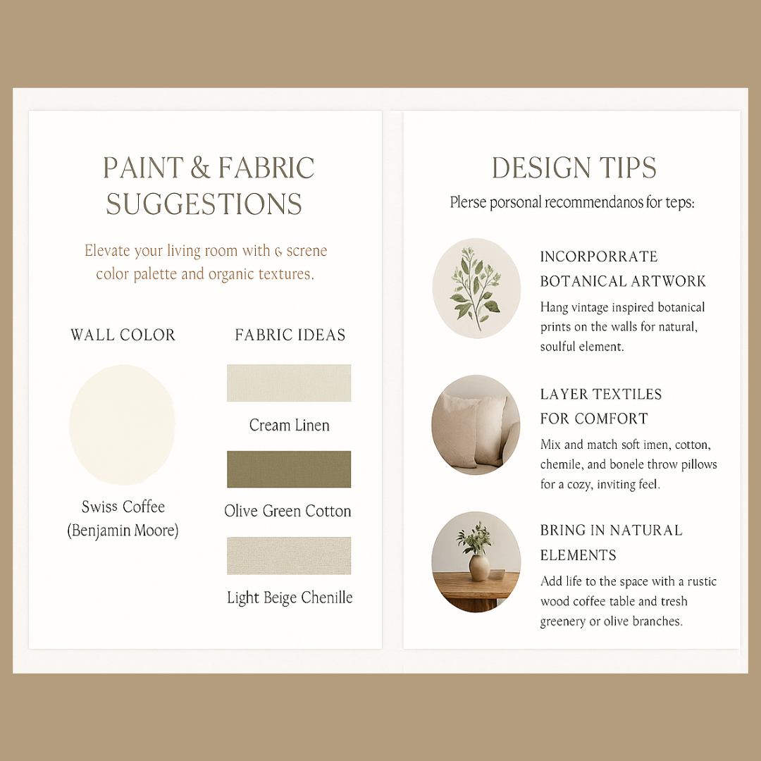 Design tips and paint/fabric suggestions for a living room with color palette and textures.
